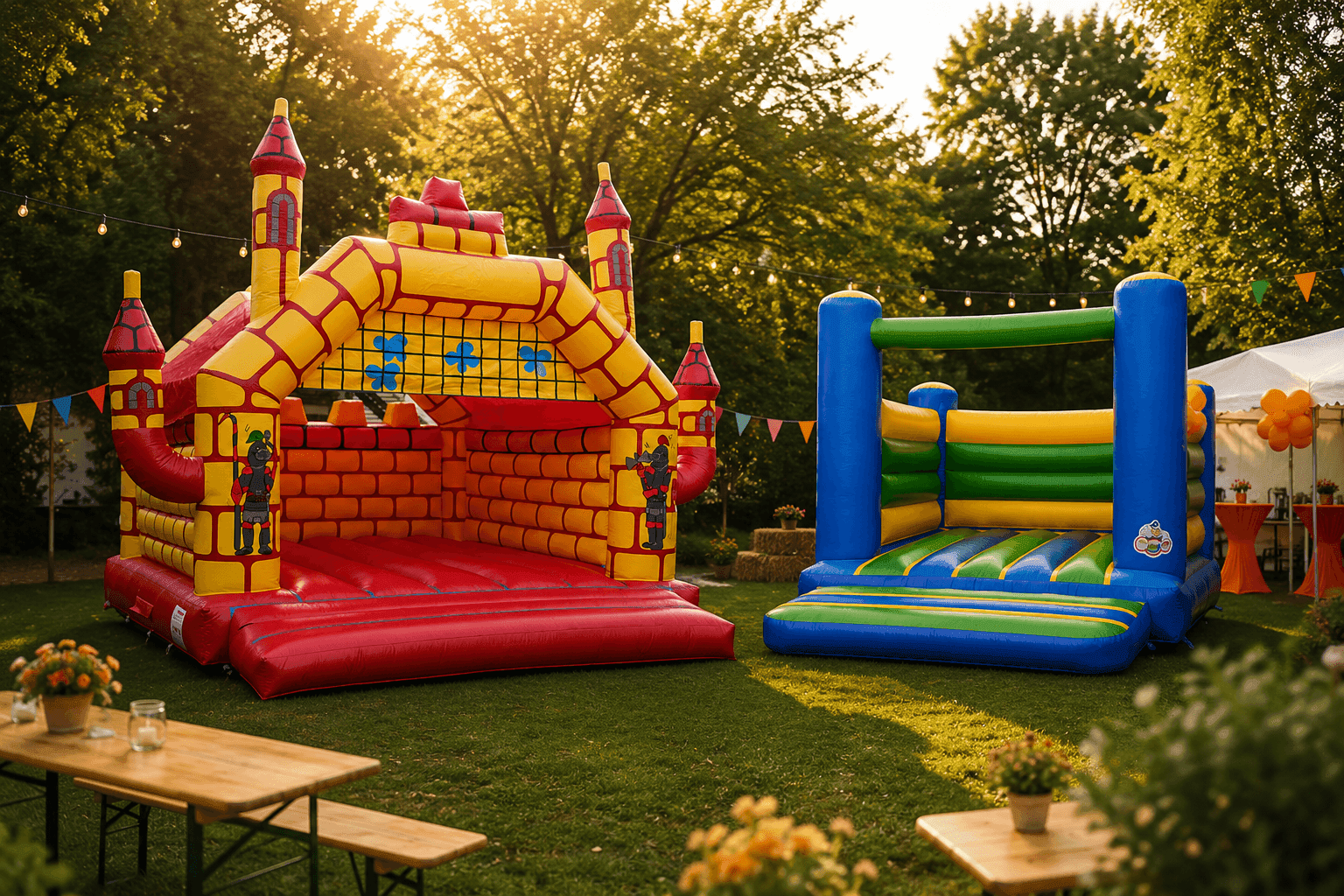 Zwei farbenfrohe Hüpfburgen auf einer Gartenveranstaltung mit Bierzeltgarnituren und Partyzelt im Hintergrund.
