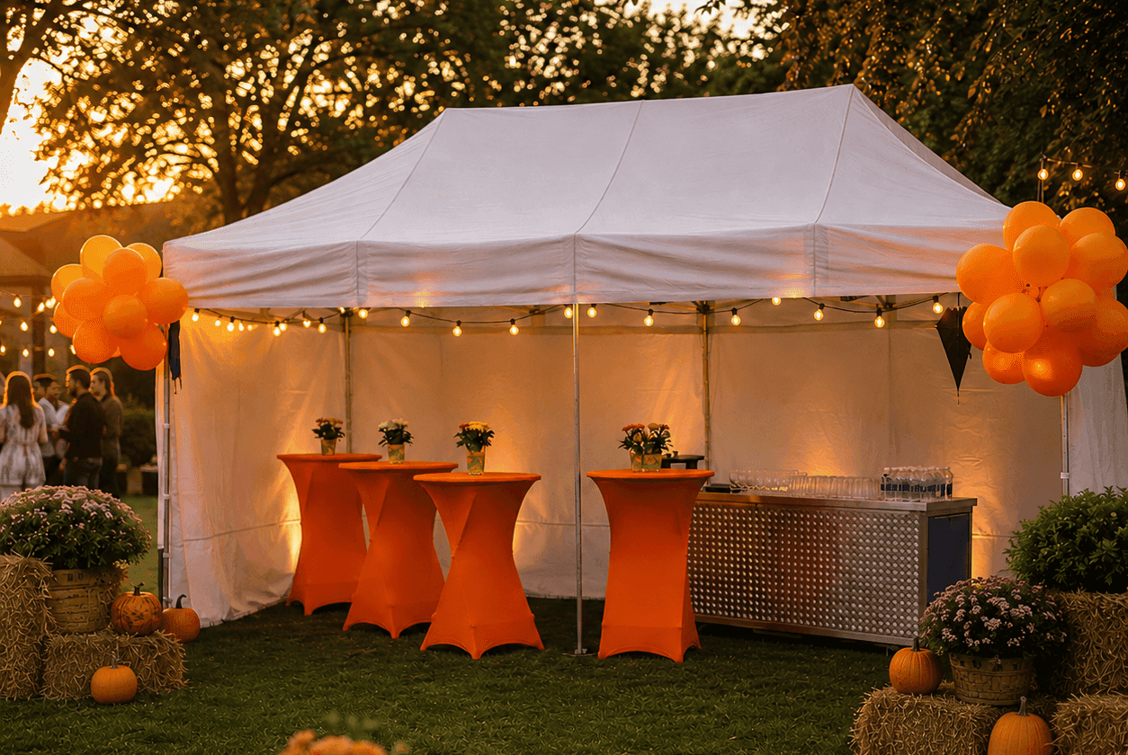 Großes weißes Partyzelt im Garten mit aufgebauten Stehtischen und Getränke für eine Veranstaltung