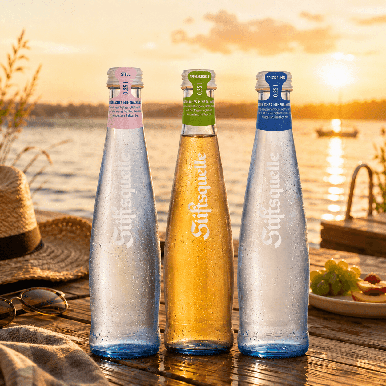 Drei gekühlte Stiftsquelle-Glasflaschen mit stillem Mineralwasser, Apfelschorle und prickelndem Mineralwasser auf einem Holztisch am See bei Sonnenuntergang.